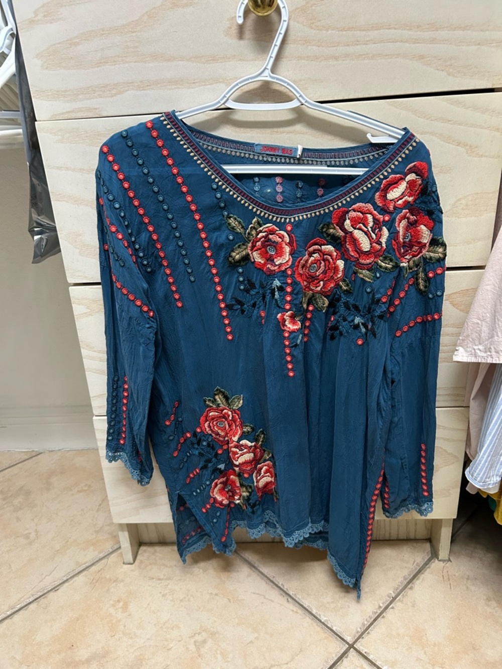Boho Embroidered Floral Tunic - Teal with Red Roses